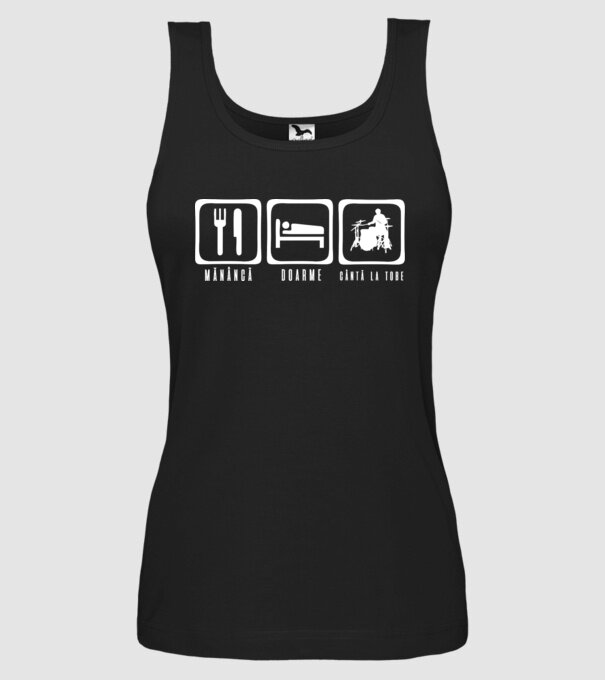 Mănâncă, doarme, cântă la tobe model negru pe tricou