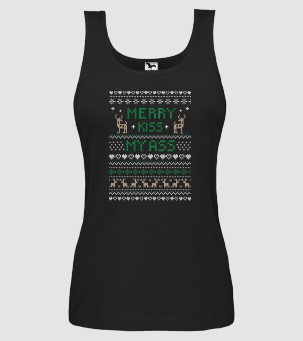 Merry kiss my ass ugly sweater model negru pe tricou