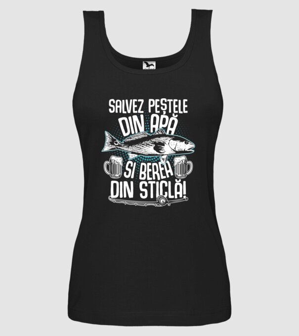 salvez peștele din apă și berea din sticlă model negru pe tricou