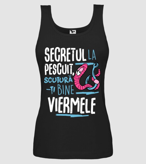 Secretul la pescuit scutură-ți bine viermele model negru pe tricou