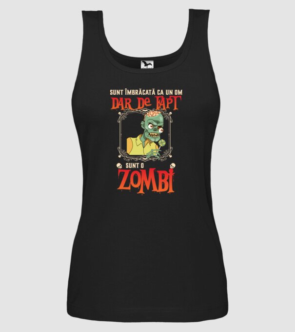sunt îmbrăcat ca un om, dar de fapt sunt un zombi model negru pe tricou