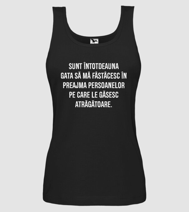 Sunt întotdeauna gata să mă fâstâcesc în preajma persoanelor pe care le găsesc atrăgătoare. model negru pe tricou