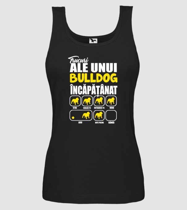 trucuri ale unui bulldog englezesc încăpățânat stai, culcă-te, întoarce-te, vino, adu, bate palma, rămâi model negru pe tricou