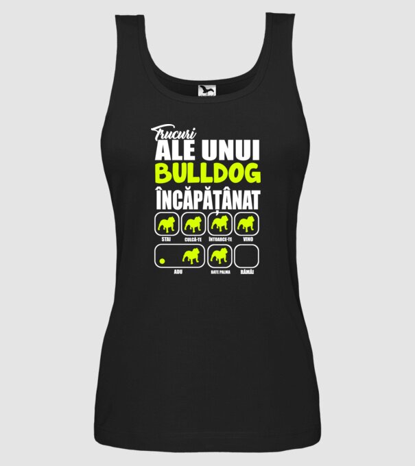 trucuri ale unui bulldog englezesc încăpățânat stai, culcă-te, întoarce-te, vino, adu, bate palma, rămâi model negru pe tricou