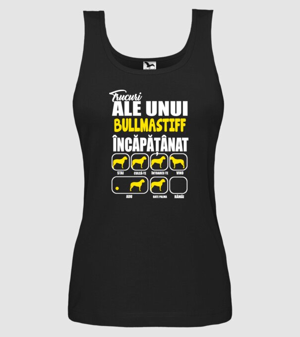 trucuri ale unui bullmastiff încăpățânat stai, culcă-te, întoarce-te, vino, adu, bate palma, rămâi model negru pe tricou