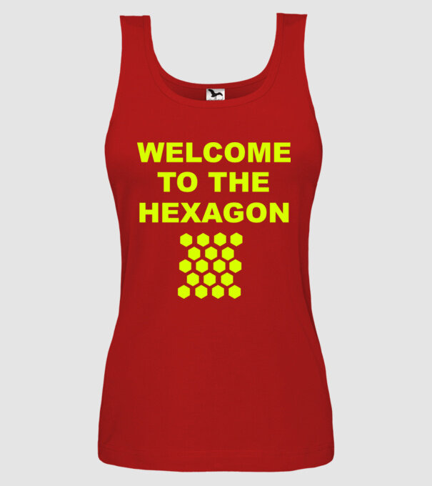 Welcome to the hexagon model roșu pe tricou