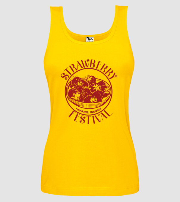 strawberry festival stranger things model galben pe tricou