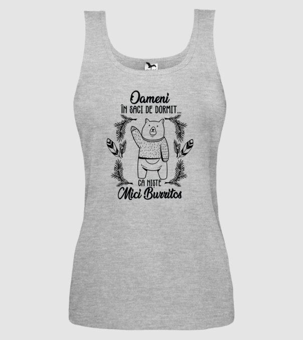 oameni în saci de dormit... ca niște mici burritos model gri pe tricou