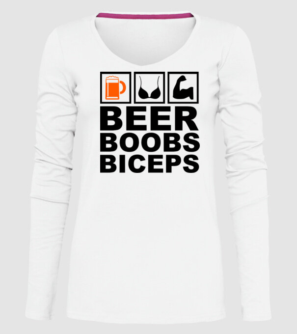 Beer Boobs Biceps model alb pe tricou