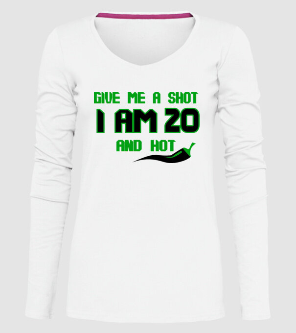 Give me a shot - 20 model alb pe tricou
