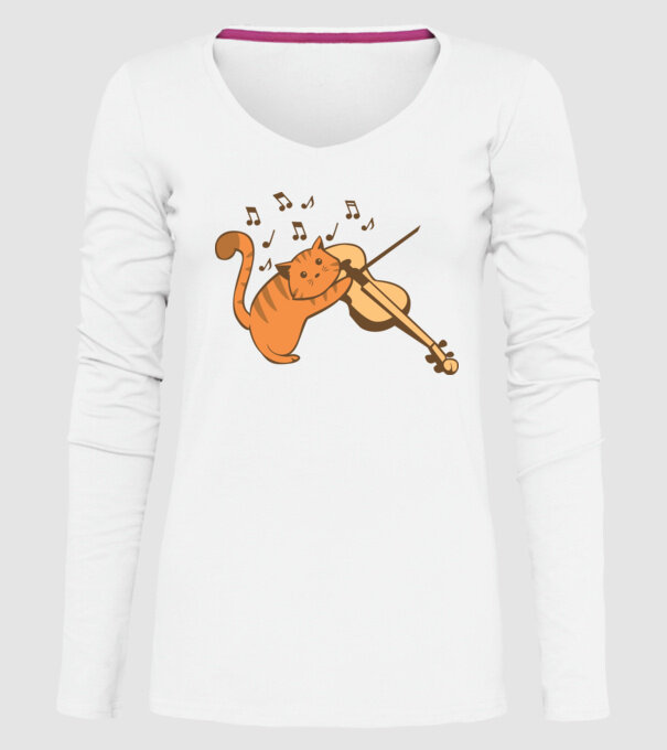 Pisică cântă la vioară model alb pe tricou