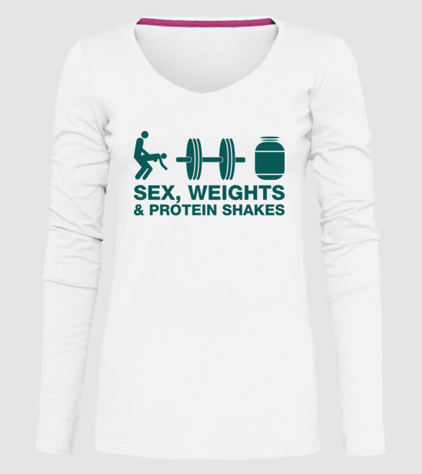 Sex, weights and protein shakes model alb pe tricou