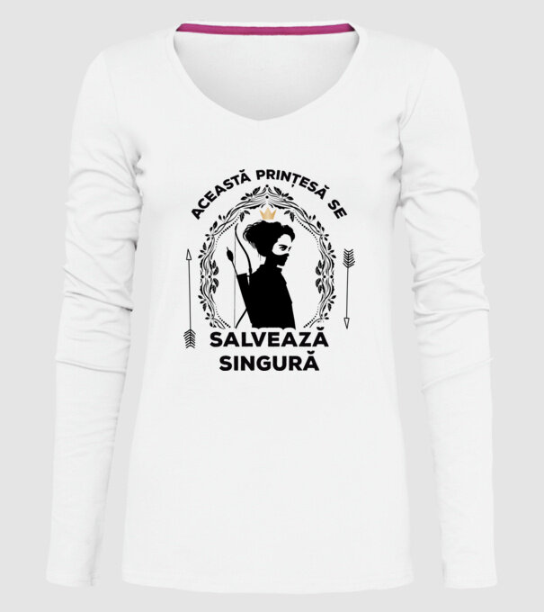 Această prințesă se salvează singură model alb pe tricou