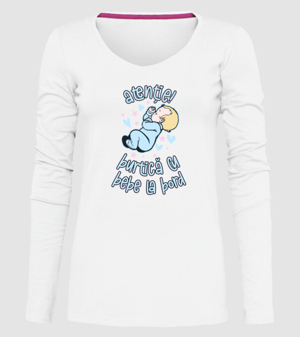 atenție! burtică cu bebe la bord model alb pe tricou
