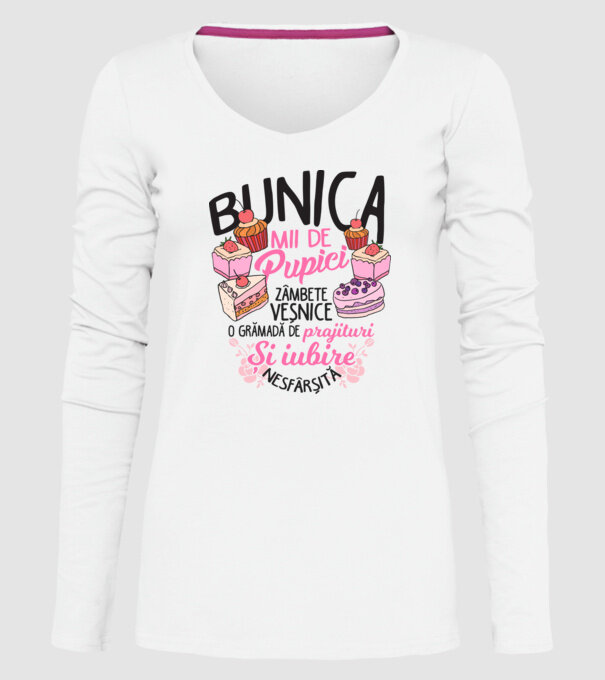 bunica - mii de pupici, zâmbete veșnice, o grămadă de prăjituri și iubire nesfârșită model alb pe tricou