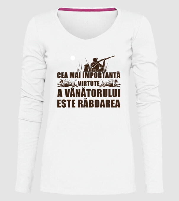 cea mai importantă virtute a vânătorului este răbdarea model alb pe tricou