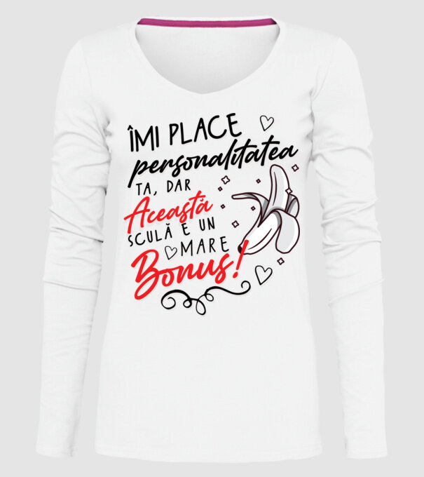 Dar această sculă e un mare bonus! model alb pe tricou