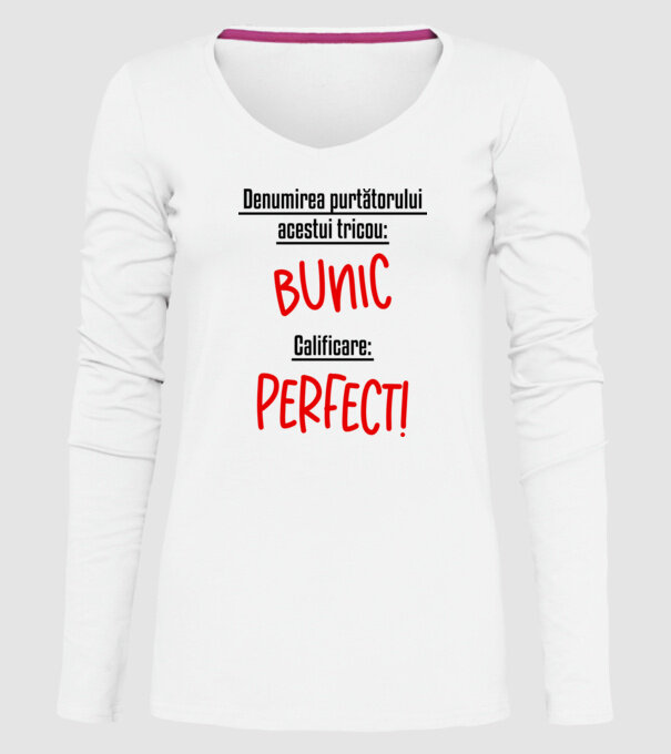 Denumirea purtătorului acestui tricou: bunic! Calificare: Perfect! model alb pe tricou