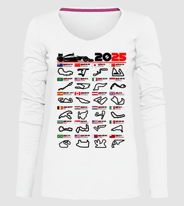 F1 calendar 2025 model alb pe tricou