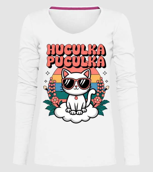 Huculka Puculka pisică 1 model alb pe tricou