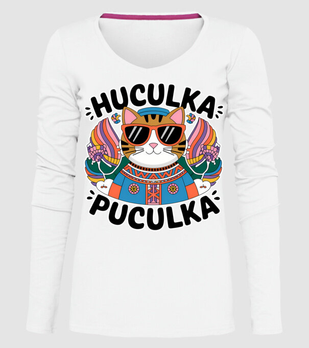 Huculka Puculka pisică 3 model alb pe tricou