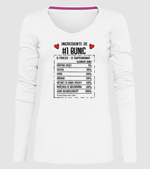 Ingrediente Bunic - o porție : un superbunic - %consum zilnic* răspuns greșit, sfaturi, umor, răbdare, instinct de bunic-ursuleț model alb pe tricou