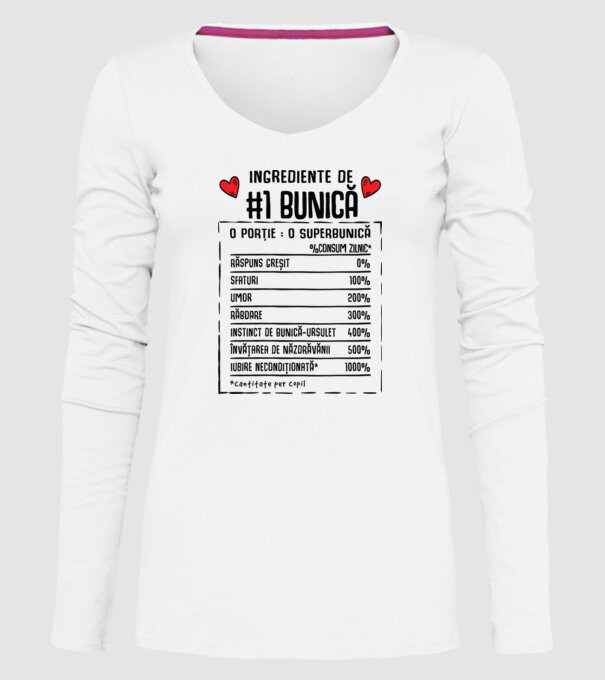 Ingrediente Bunică - o porție : o superbunică - %consum zilnic* răspuns greșit, sfaturi, umor, răbdare, instinct de bunică-ursul model alb pe tricou