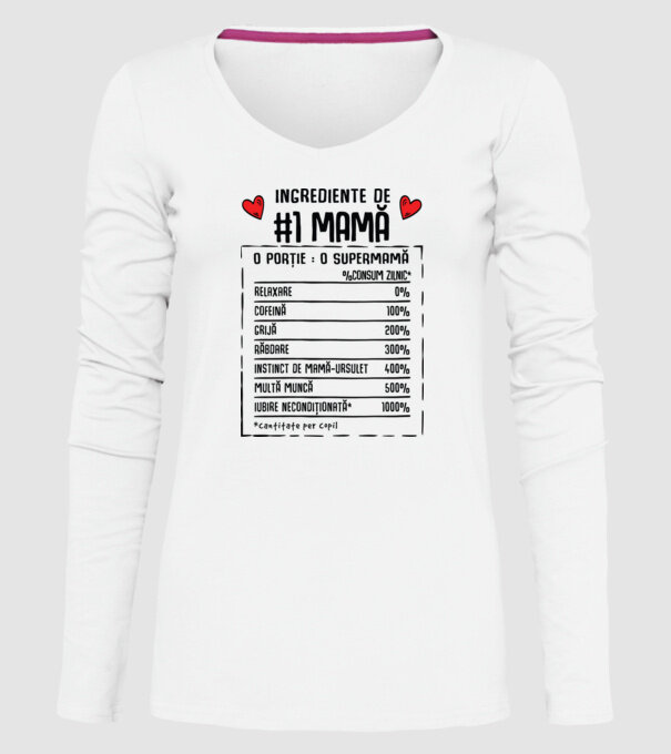 Ingrediente de Mamă - o porție : o supermamă - %consum zilnic* relaxare, cofeină, grijă, răbdare, instinct de mamă-ursuleț, mult model alb pe tricou