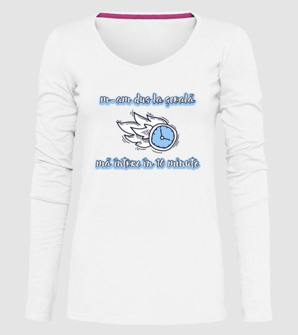 m-am dus la școală, mă întorc în 10 minute model alb pe tricou