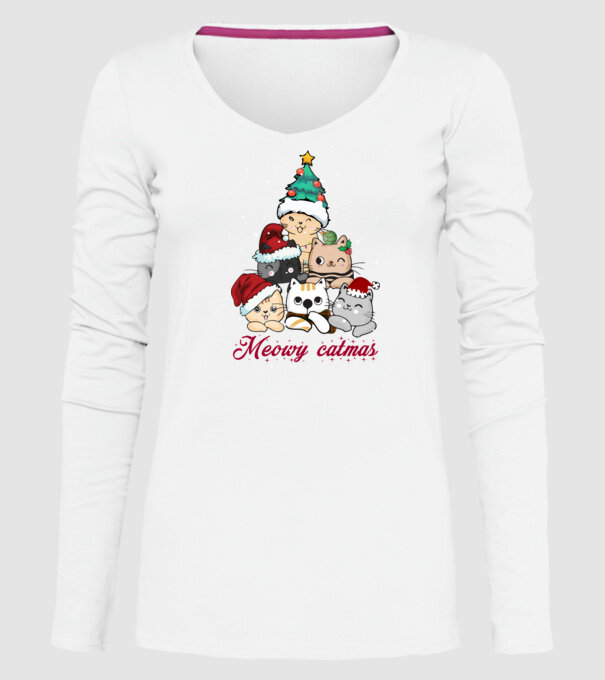 Meowy catmas model alb pe tricou