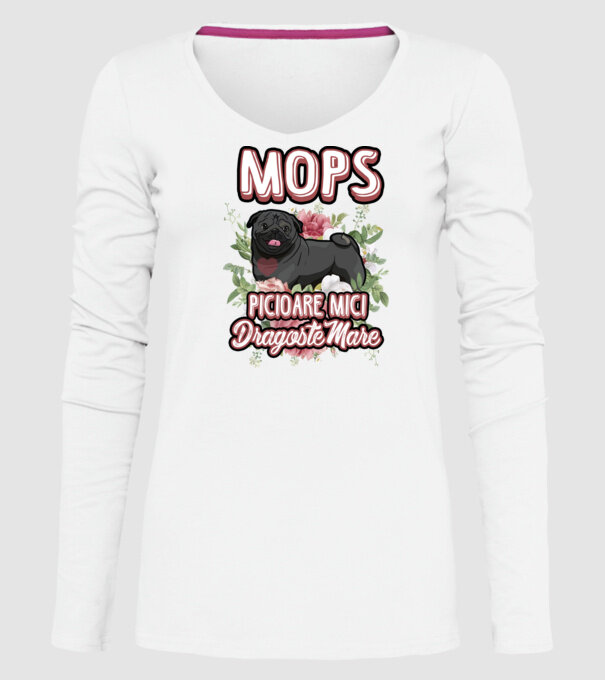 Mops negru picioare mici dragoste mare model alb pe tricou