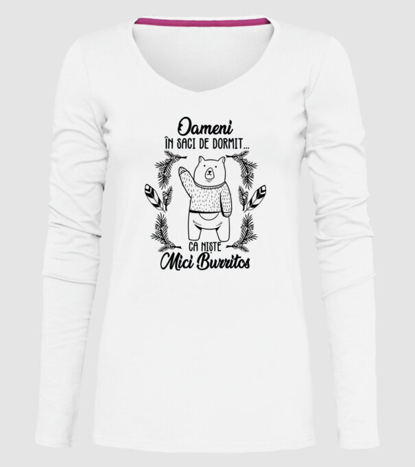 oameni în saci de dormit... ca niște mici burritos model alb pe tricou