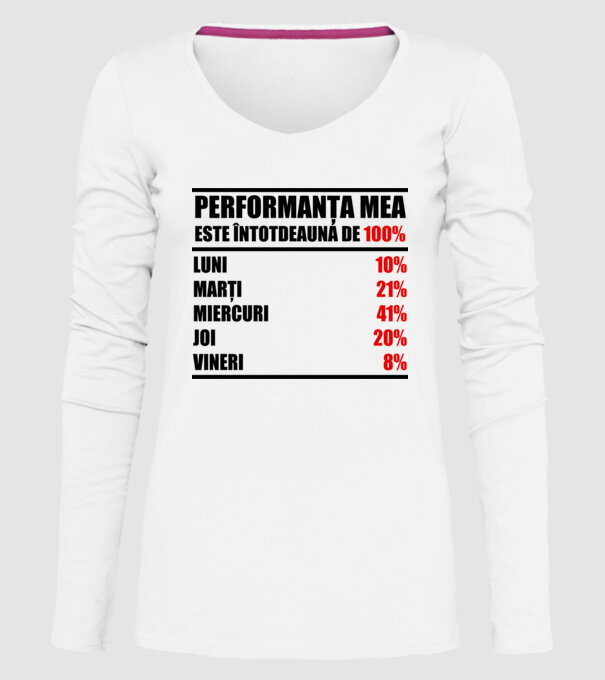 performanța mea este întotdeauna de 100% : luni, marți, miercuri, joi, vineri model alb pe tricou