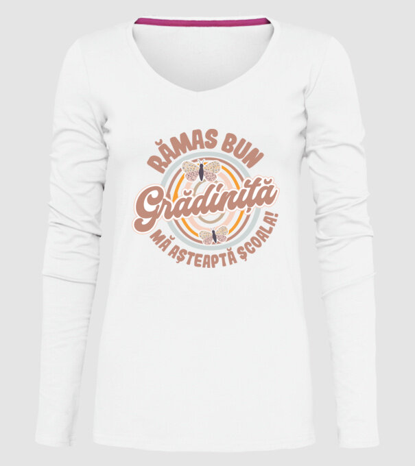 Rămas bun grădiniță, mă așteaptă școala! model alb pe tricou