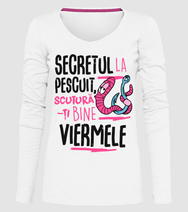 Secretul la pescuit scutură-ți bine viermele model alb pe tricou