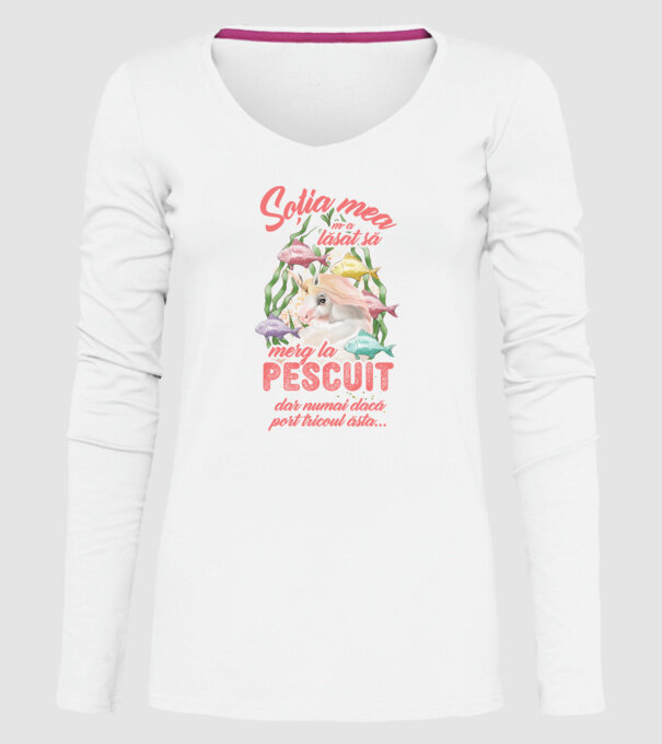 soția mea m-a lăsat să merg la pescuit, dar numai dacă port tricoul ăsta... model alb pe tricou
