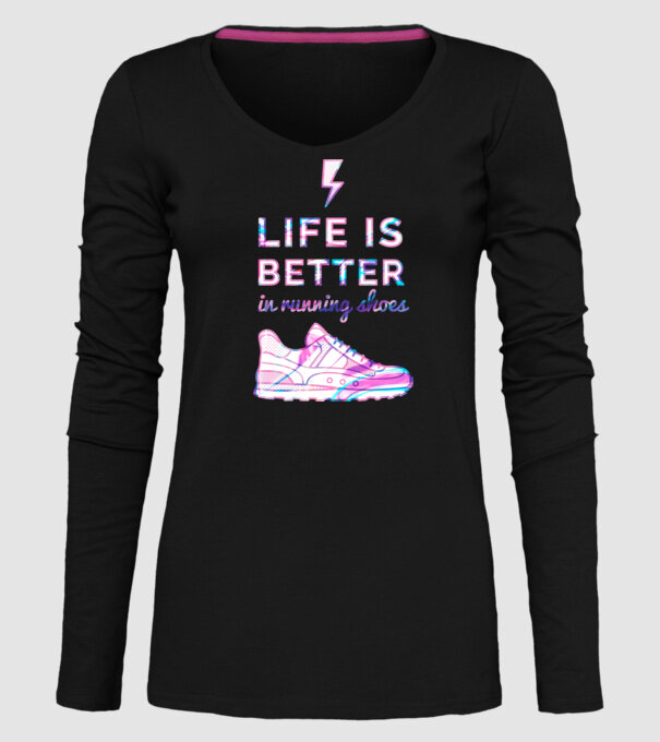 Life is better running shoes HOLO model negru pe tricou