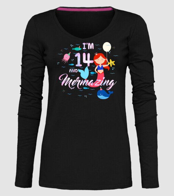 Mermazing Birthday 14 model negru pe tricou