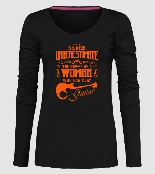 Never underestimate the power of a guitar woman model negru pe tricou