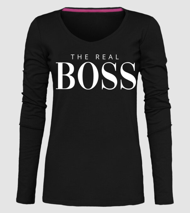 Motiv cuplu The REAL Boss model negru pe tricou