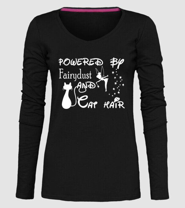 Powered by fairydust and cat hair model negru pe tricou