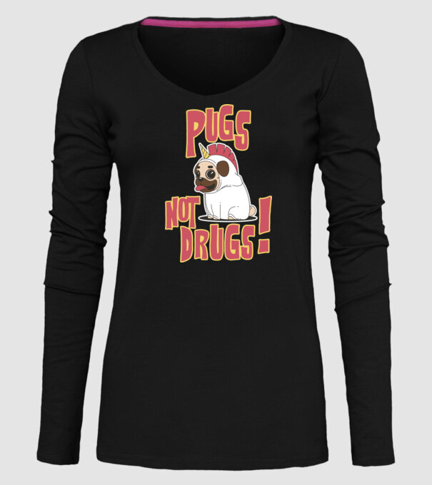 Pugs not drugs model negru pe tricou