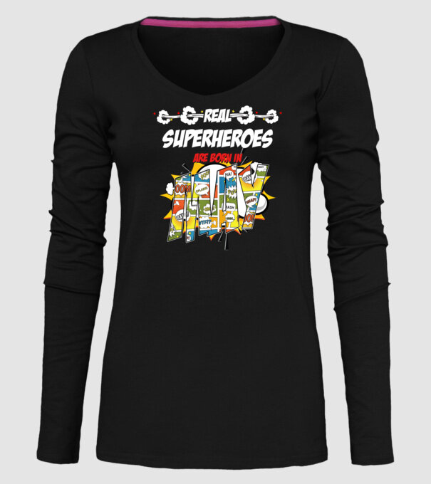 real superheroes are born in may model negru pe tricou