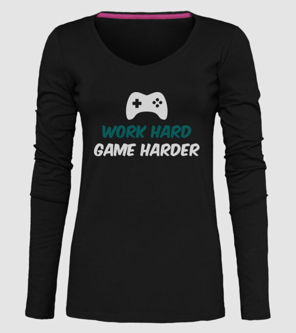 Work hard, game harder model negru pe tricou