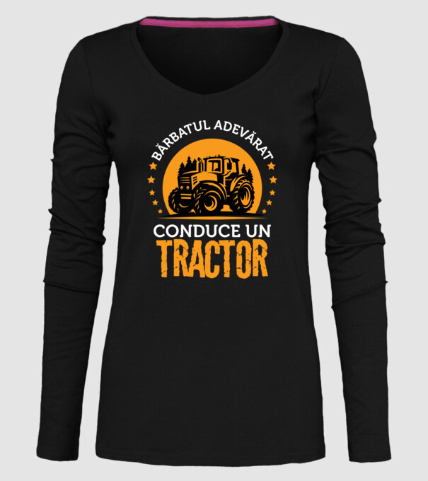 Bărbatul adevărat conduce un tractor model negru pe tricou