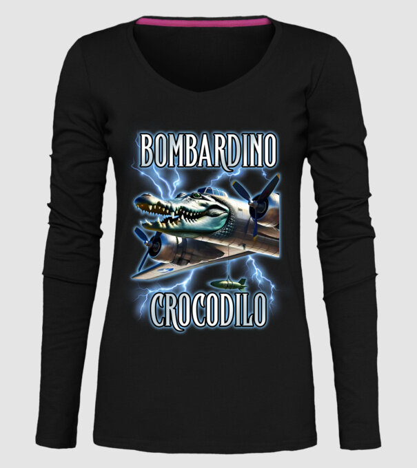 Bombardino Crocodilo model negru pe tricou
