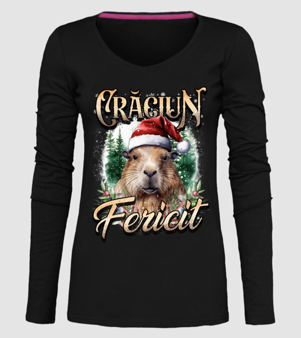 Capybara christmas model negru pe tricou