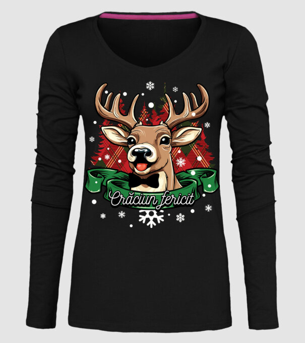 Cerb de Crăciun model negru pe tricou