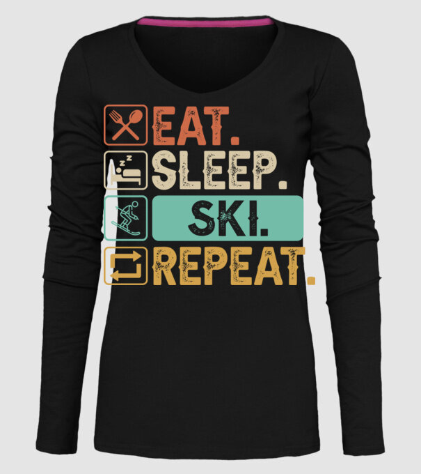 Eat Sleep SKI Repeat model negru pe tricou