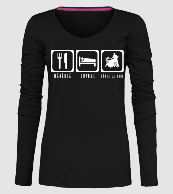 Mănâncă, doarme, cântă la tobe model negru pe tricou